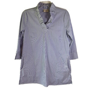 Inae Collection Tunic Top 3/4 Sleeve Blue & White Pin Stripe Ruffle Neck Size XS